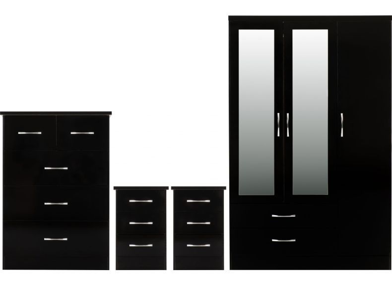 Nevada 3 Door 2 Drawer Mirrored Wardrobe Bedroom Set Black Gloss With Black And White Wardrobes Set (Photo 7 of 15)