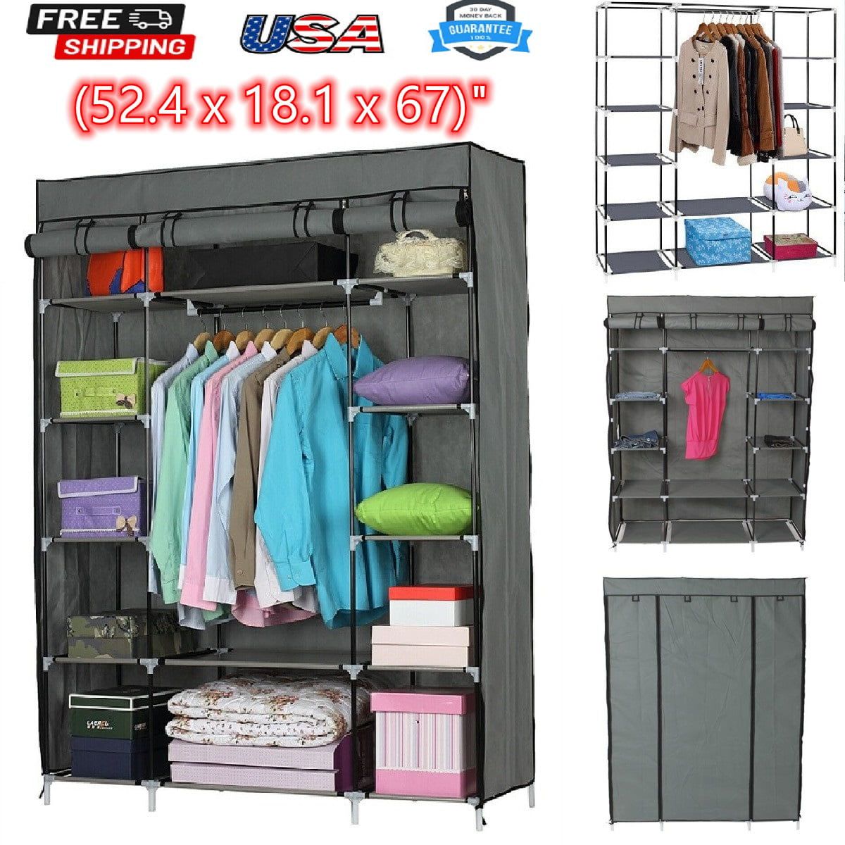 New Arrival! Closet Shelves,closet Organizer Wardrobe Clothes Storage  Shelves, Non Woven Fabric Cover With Side Pockets With 12 Shelves & 1  Clothes Hanging Rail,(133x46x170cm) Gray – Walmart For Rail Clothes Storage Cupboard Wardrobes (View 4 of 15)