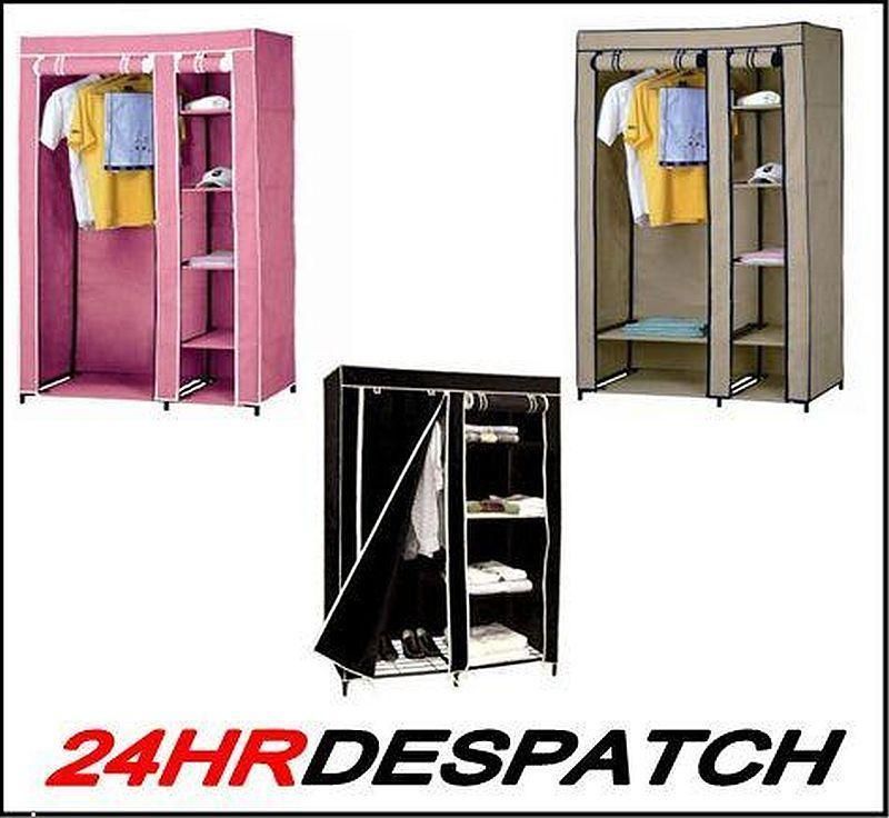 New Black Beige Pink Double Canvas Wardrobe With Hanging Rail Shelves  Storage – Laptronix With Double Canvas Wardrobes Rail Clothes Storage (Photo 7 of 15)