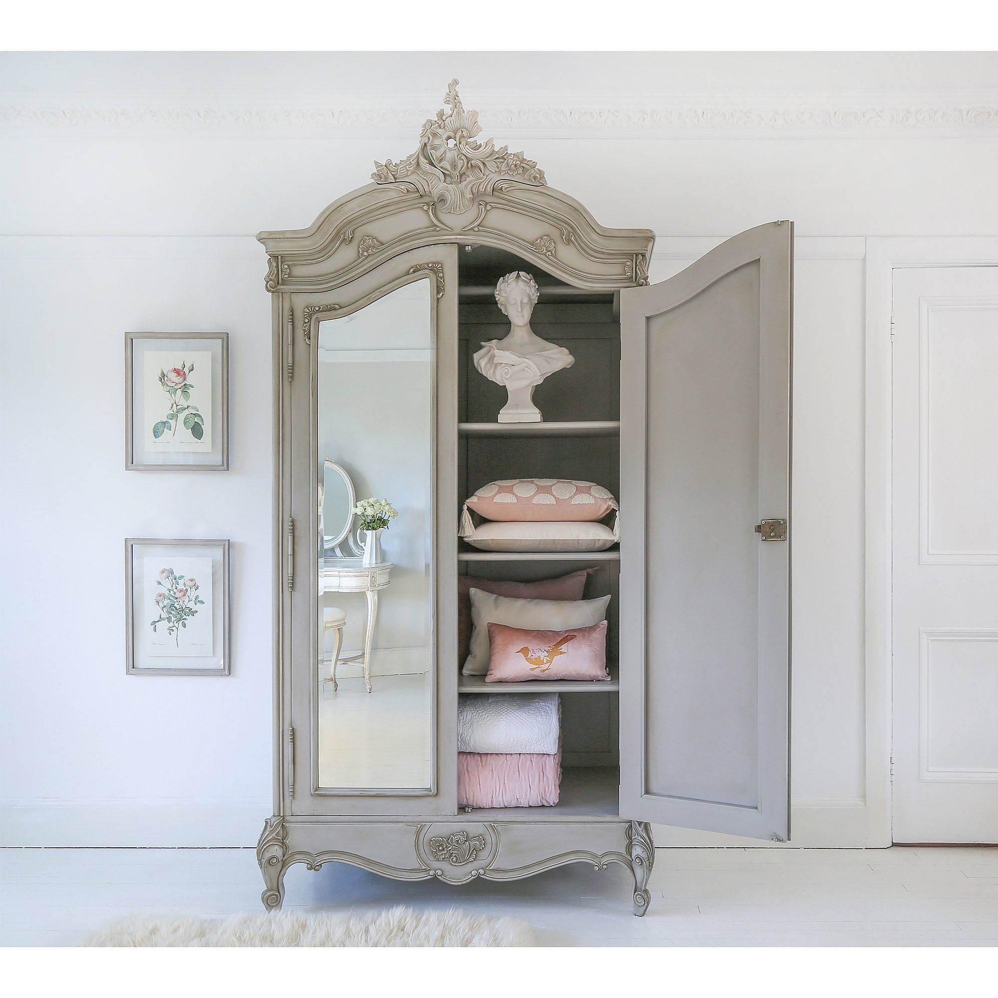Normandy 2 Door Mirrored French Armoire | Pale Stone Handmade French 2 Door  Armoire With Mirrored Doors For French Armoires And Wardrobes (Photo 2 of 15)
