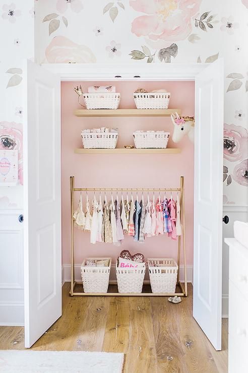 Nursery Closet Painted Pink With Gold Clothes Rail – Transitional – Nursery  – Behr Ultra Pure White Regarding Double Rail Nursery Wardrobes (Photo 15 of 15)