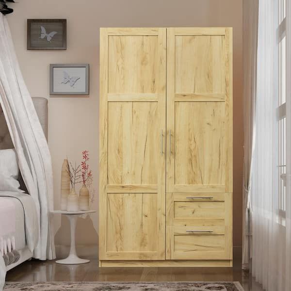 Oak Armoire With 2 Doors, 2 Drawers And 5 Storage Spaces 70.87 X 39.37 X  19.49 Zq W331s00070 – The Home Depot Within Pine Wardrobes With Drawers (Photo 14 of 15)