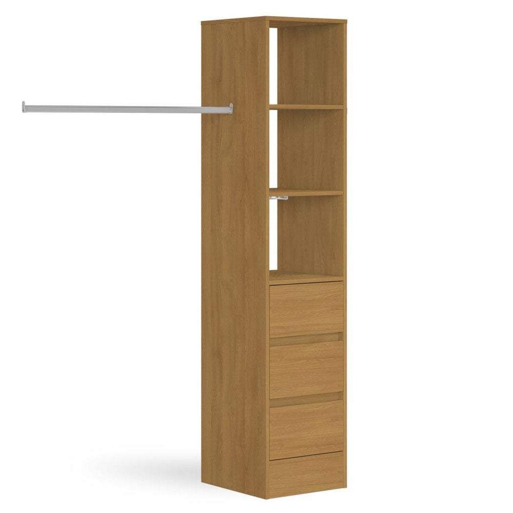 Oak Deluxe 3 Drawer Soft Close Wardrobe Tower Shelving Unit With Hanging  Bars – Interiors Plus Pertaining To 3 Shelving Towers Wardrobes (Photo 12 of 15)