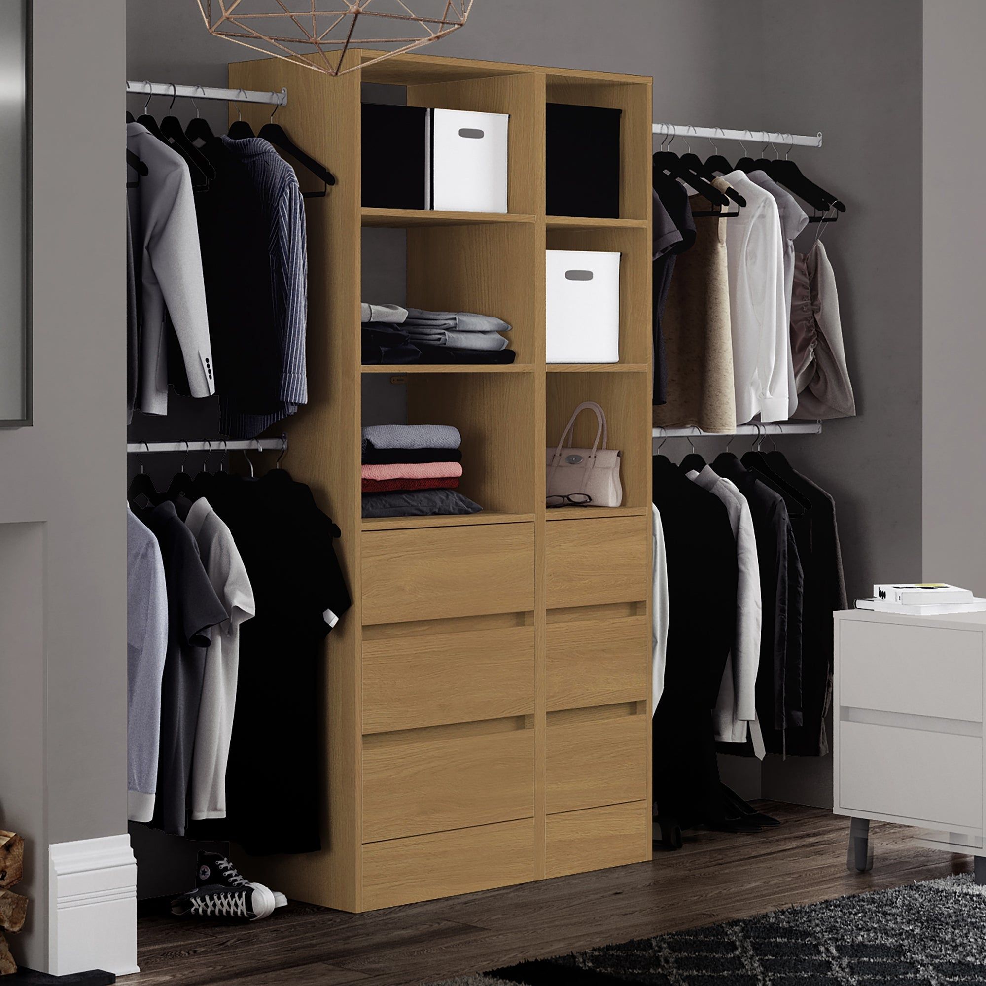 Oak Deluxe 3 Drawer Soft Close Wardrobe Tower Shelving Unit With Hanging  Bars – Interiors Plus With 3 Shelving Towers Wardrobes (Photo 5 of 15)