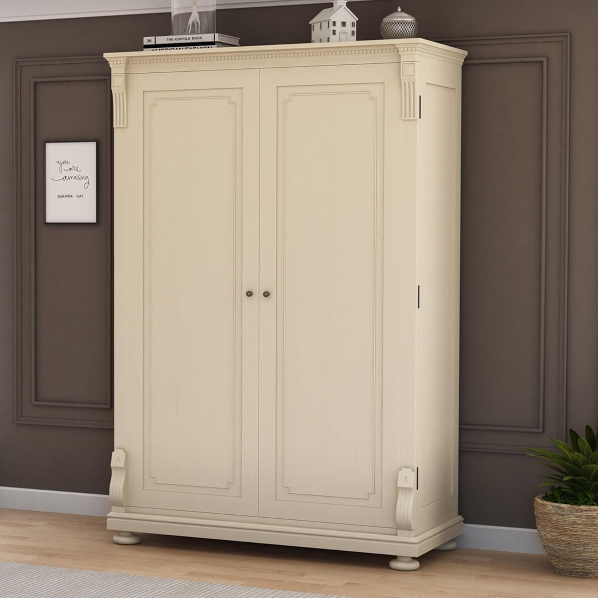 Otranto Mahogany Wood Large White Armoire Wardrobe Intended For White Wardrobes Armoire (View 13 of 15)