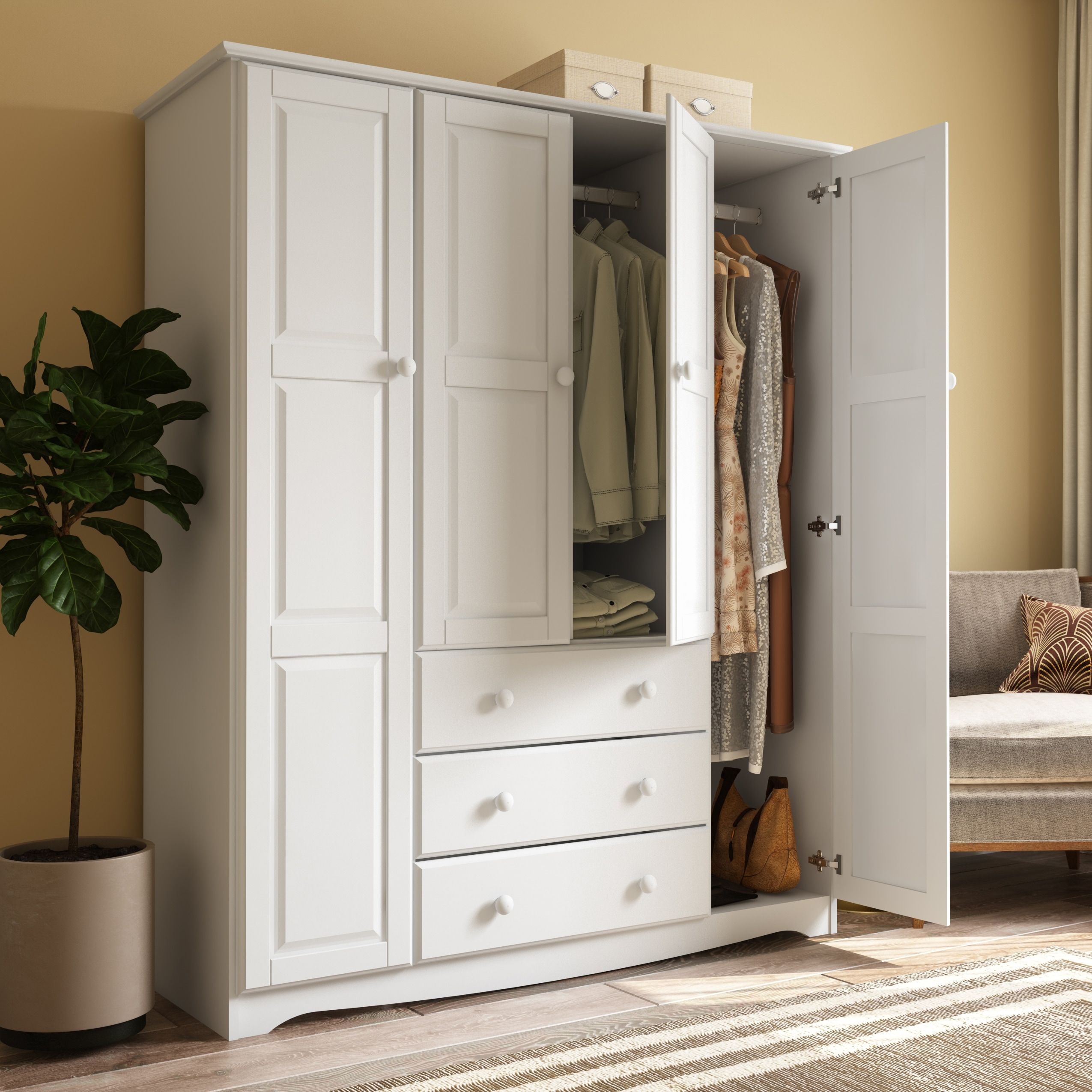 Palace Imports 100% Solid Wood Family 4 Door Wardrobe Armoire With Metal Or  Wooden Knobs – On Sale – Bed Bath & Beyond – 19897094 With White Vintage Wardrobes (View 14 of 15)