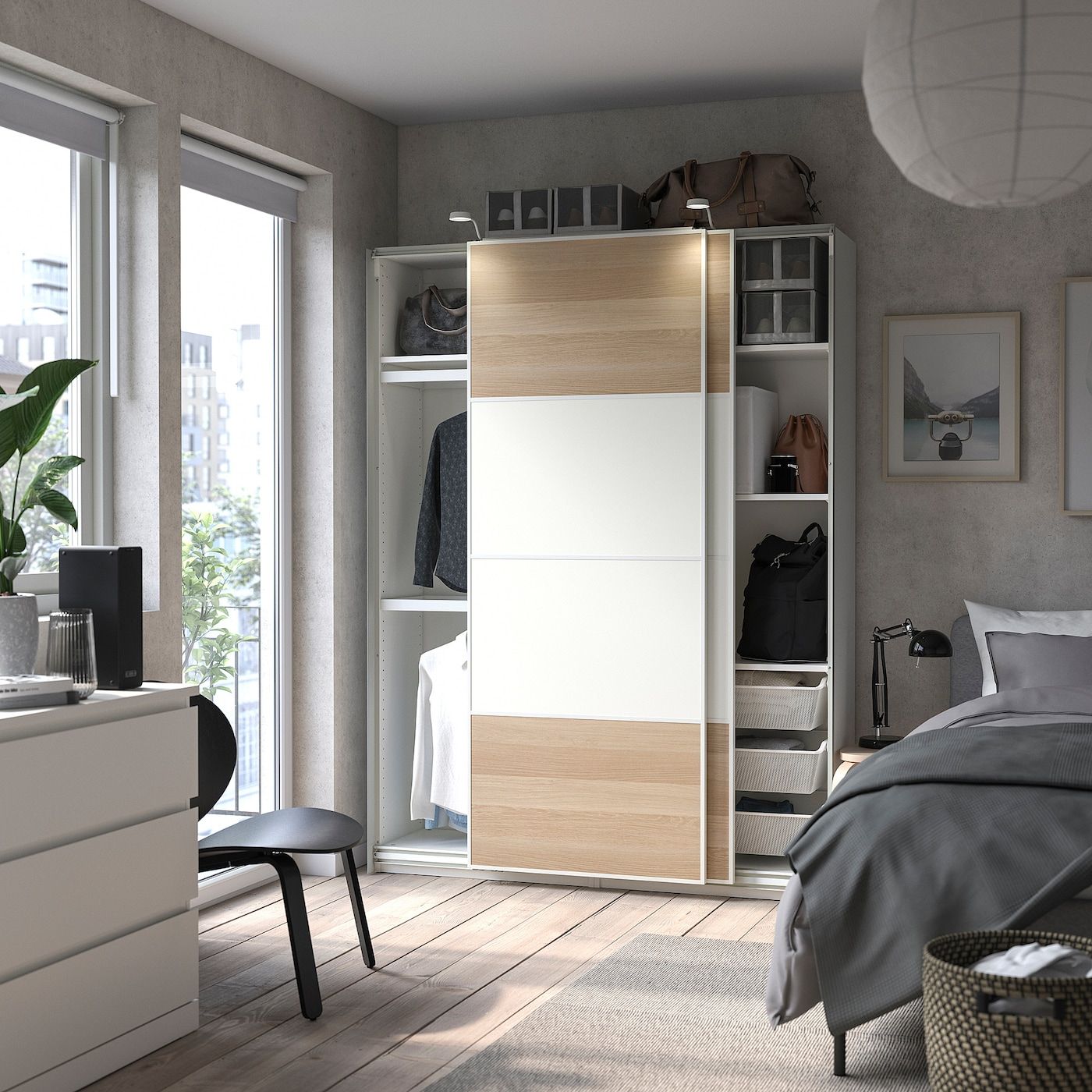 Pax / Mehamn Wardrobe Combination, White/double Sided White Stained Oak  Effect, 59x173/8x791/4" – Ikea With White Double Wardrobes With Drawers (Photo 6 of 15)
