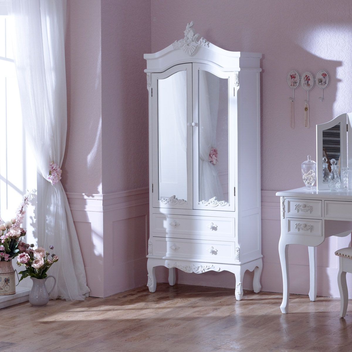 Pays Blanc Range – Antique White Mirrored Closet | Flora Furniture For Shabby Chic White Wardrobes (Photo 4 of 15)