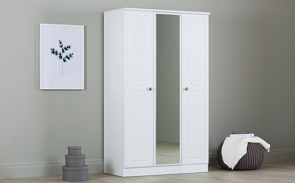 Pembroke Wardrobe With Mirror, 3 Door, White Finish | Furniture And Choice Regarding White 3 Door Mirrored Wardrobes (Photo 3 of 15)