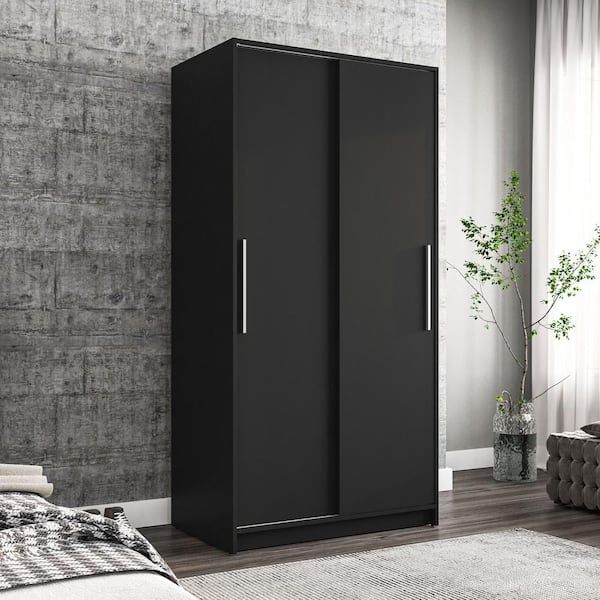 Polifurniture Denmark Black Engineered Wood 36 In. Wardrobe With 2 Sliding  Doors 402300920002 – The Home Depot Throughout Black Wood Wardrobes (Photo 4 of 15)