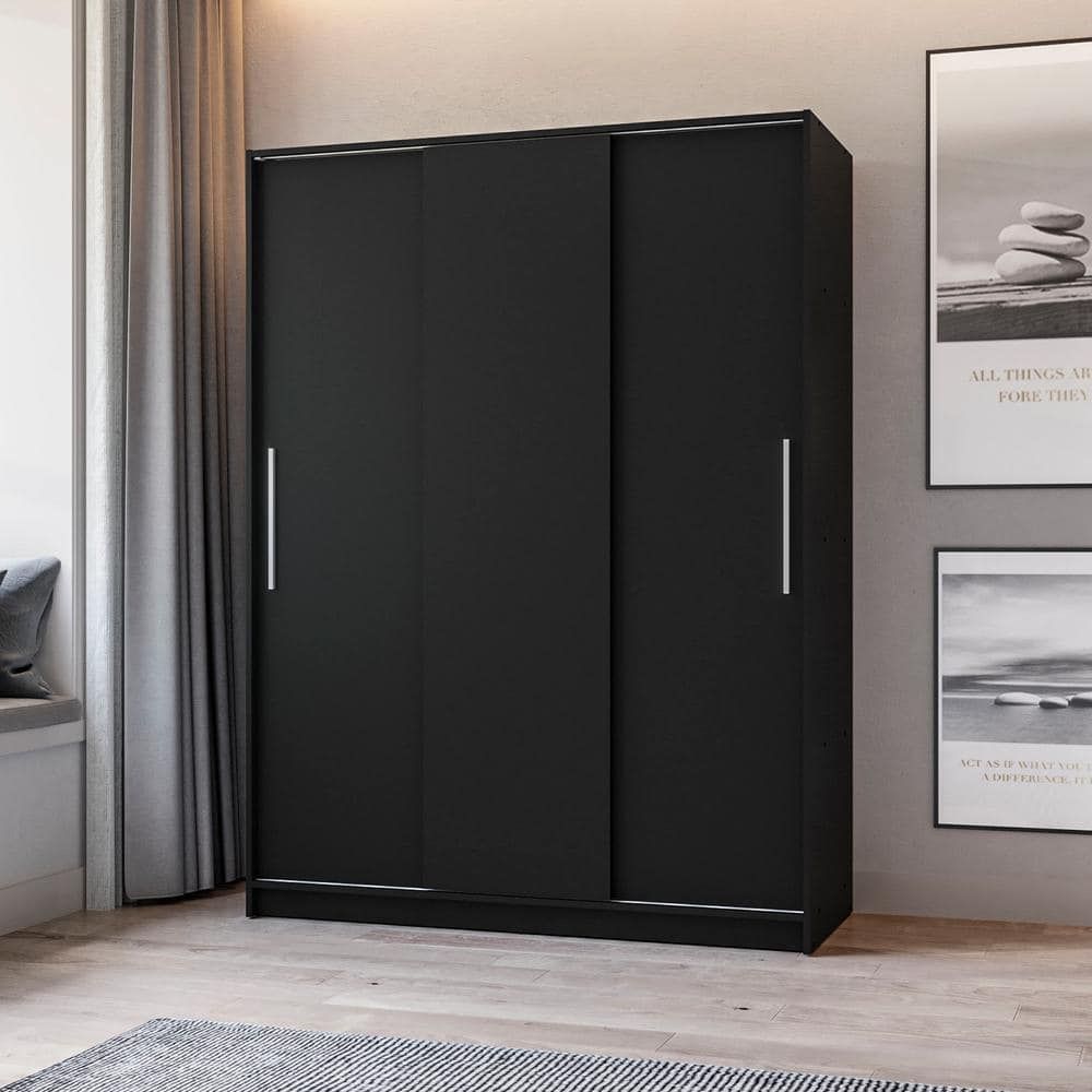 Polifurniture Denmark Black Engineered Wood 52.5 In. Wardrobe With 3 Sliding  Doors 402300930002 – The Home Depot With Regard To Black Sliding Wardrobes (Photo 7 of 15)
