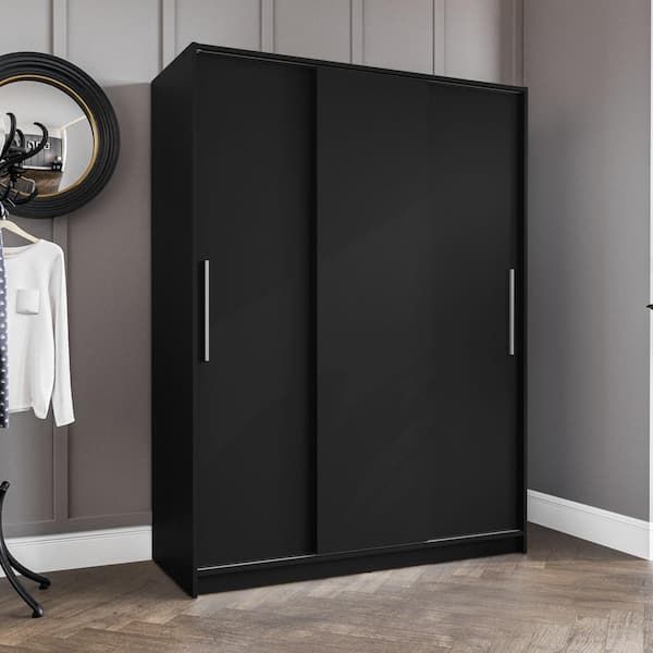 Polifurniture Denmark Black Engineered Wood 52.5 In. Wardrobe With  3 Sliding Doors 402300930002 – The Home Depot Within Black Gloss Wardrobes (Photo 2 of 15)