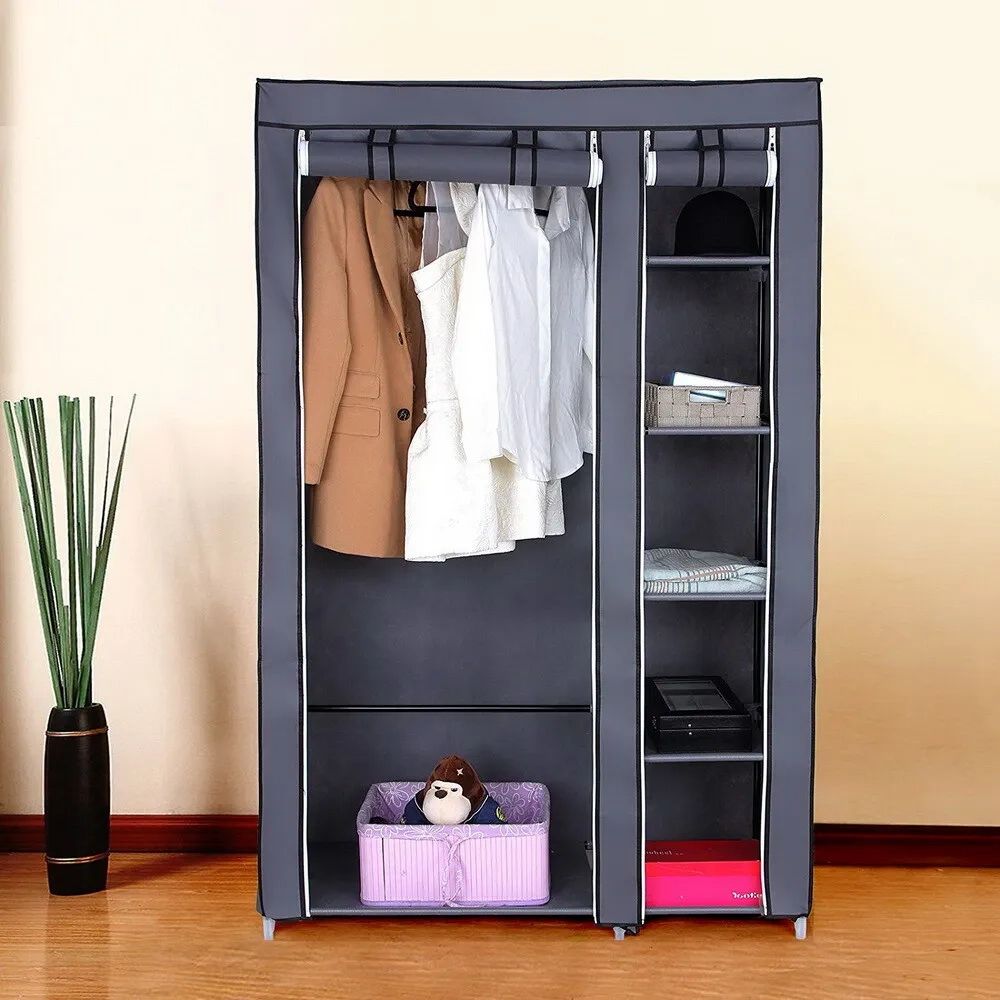 Portable Gray Wardrobe Closet – Easy Assemble Non Woven Fabric Hanging Rod  – 6 | Ebay Intended For 6 Shelf Non Woven Wardrobes (Photo 15 of 15)