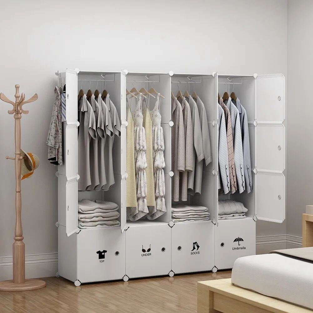 Portable Wardrobe Plastic Modular Closet Organizer, White, 4x4 Tiers  18" Depth | Ebay For Portable Wardrobes (View 11 of 15)