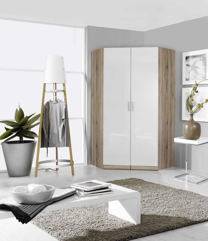 Rauch Celle 2 Mirror Door Corner Wardrobe In Sanremo Oak Light And High  Gloss White – W 117cm – Cfs Furniture Uk Intended For 2 Door Corner Wardrobes (Photo 15 of 15)