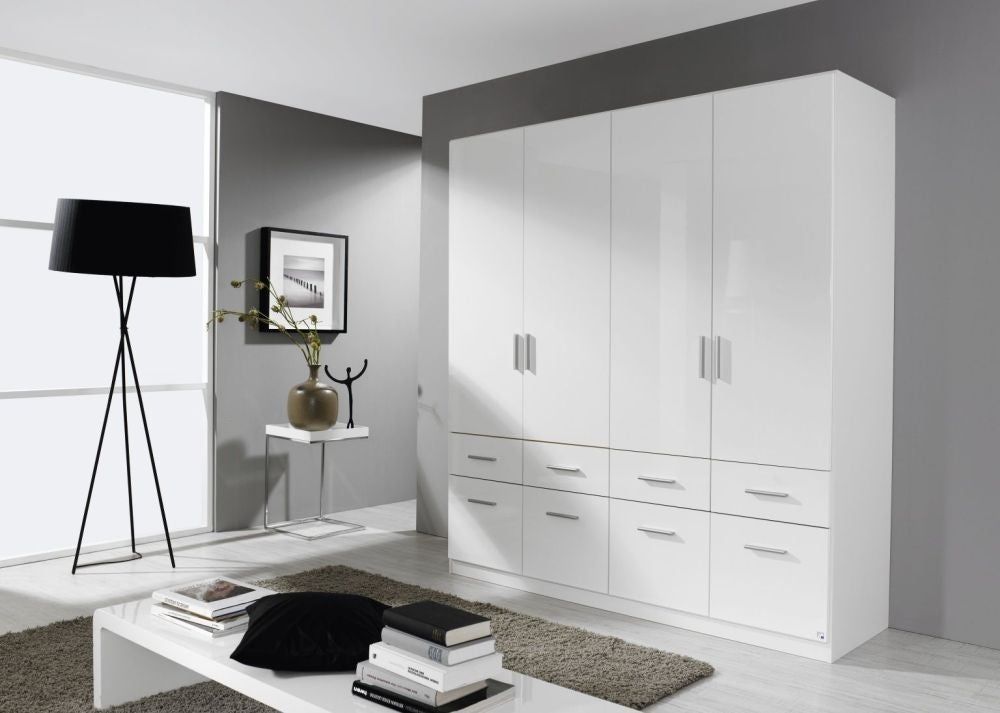 Rauch Celle 4 Door 8 Drawer Combi Wardrobe In Alpine White And High Gloss  White  181cm Wide – Allans Furniture & Flooring Warehouse Pertaining To Combi Wardrobes (View 14 of 15)