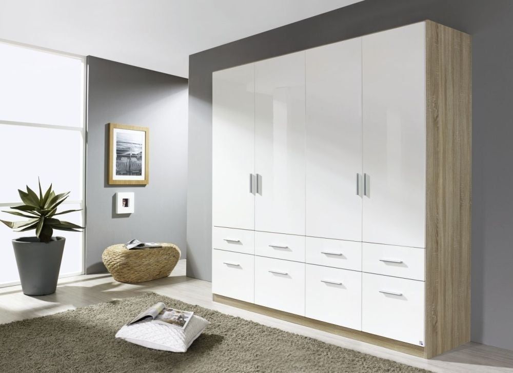 Rauch Celle 4 Door 8 Drawer Combi Wardrobe In Sonoma Oak And High Gloss  White  181cm Wide – Allans Furniture & Flooring Warehouse In Combi Wardrobes (Photo 10 of 15)