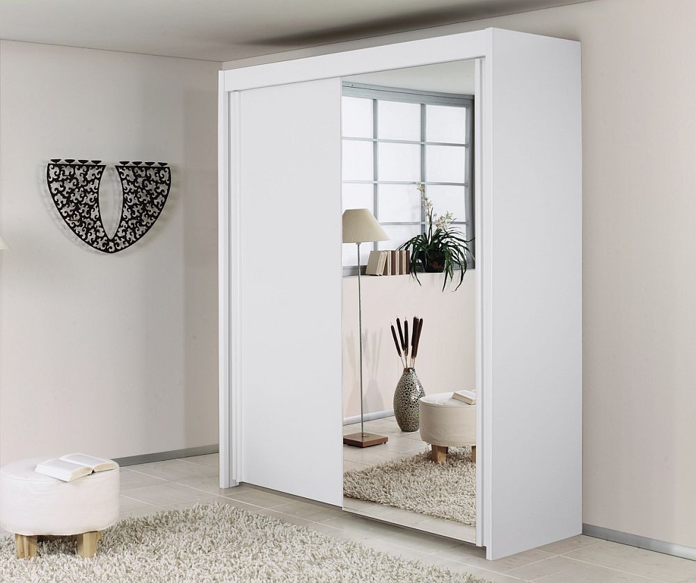 Rauch Imperial 2 Door Mirror Sliding Wardrobe In White – W 151cm – Cfs  Furniture Uk Intended For Single White Wardrobes With Mirror (View 6 of 15)