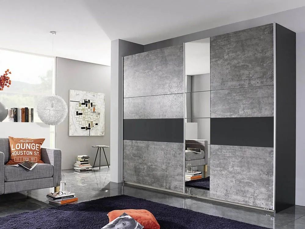 Rauch Kayla 218cm Metallic Grey And Stone Grey Sliding Door Large Double  Wardrobe For Rauch Sliding Wardrobes (View 12 of 15)