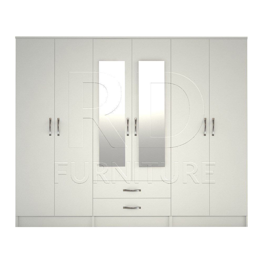 Ready Assembled Classic 6 Door Mirrored Wardrobe White – Rd Furniture Intended For 6 Door Wardrobes (Photo 2 of 15)