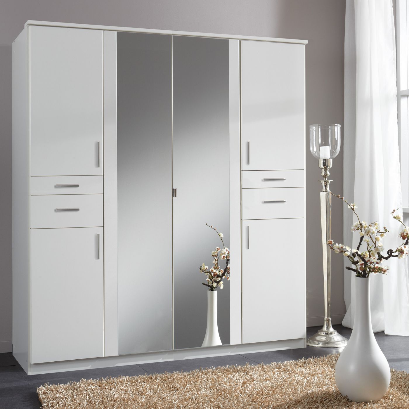 Rivera White Wardrobe 4 Doors & 4 Drawers And 2 Mirrors With 4 Door Mirrored Wardrobes (View 5 of 15)