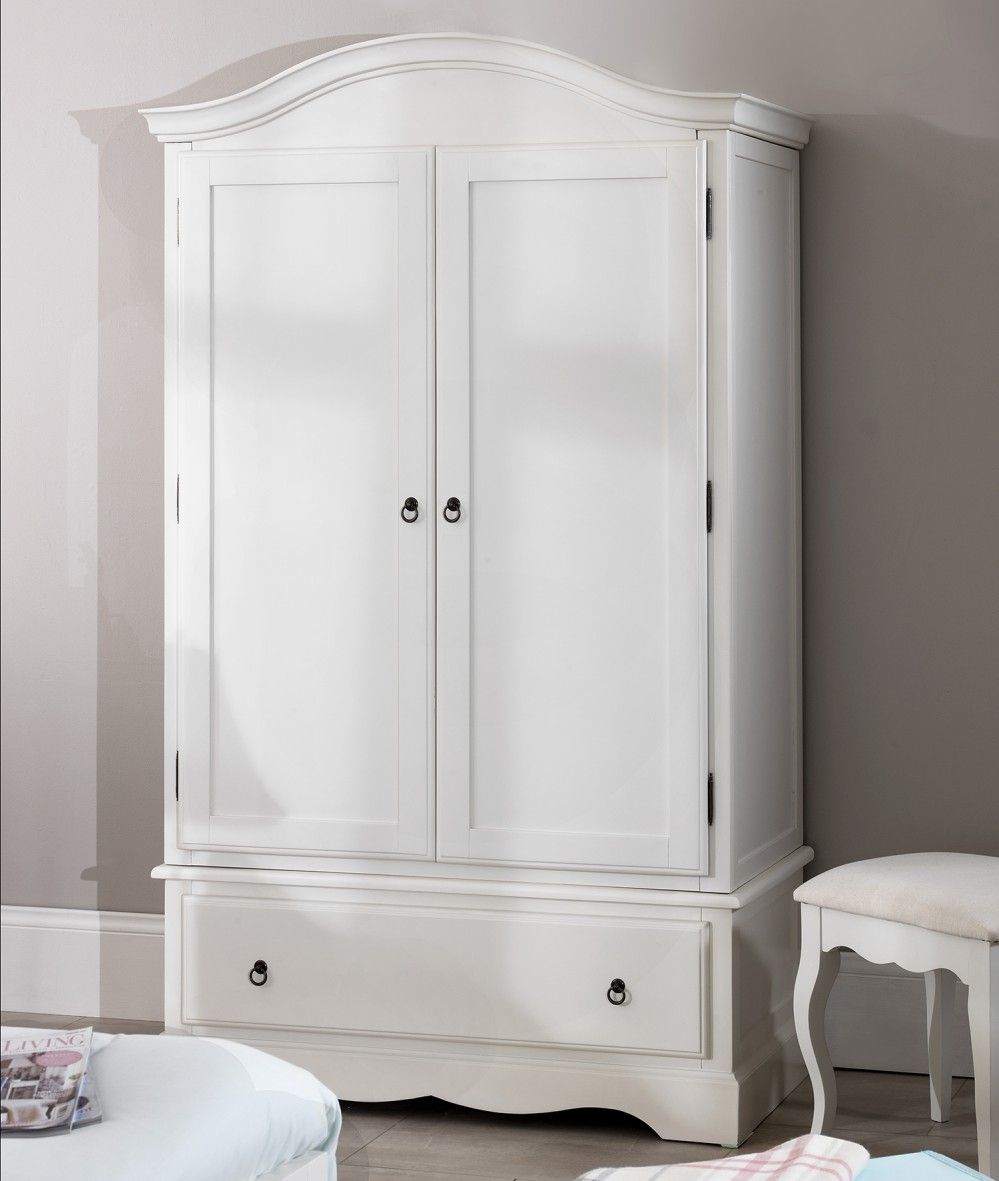 Romance Antique White Double Wardrobe With Deep Drawer| Furniture.co (View 7 of 15)