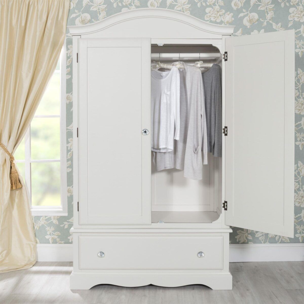 Romance Antique White Wardrobe With Deep Drawer With Crystal Handles |  Furniture.co.uk With Regard To Antique White Wardrobes (Photo 13 of 15)