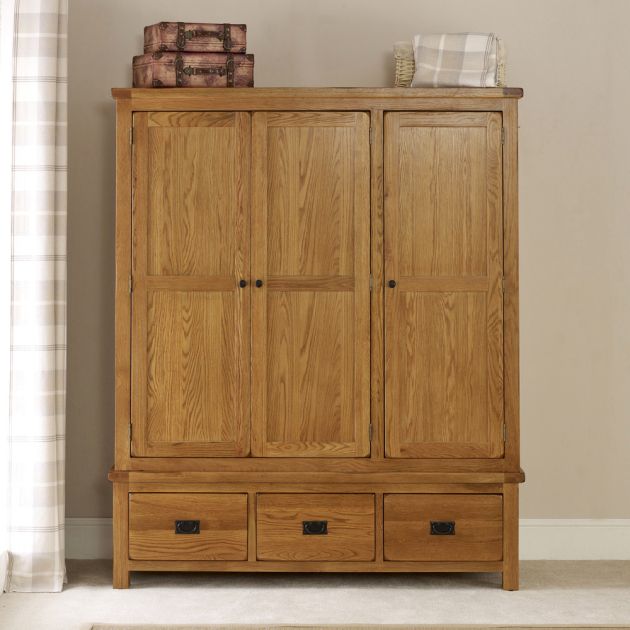 Rustic Oak Triple Wardrobe 3 Door 3 Drawer Wardrobe | The Furniture Market Intended For Wardrobes With 3 Drawers (Photo 5 of 15)