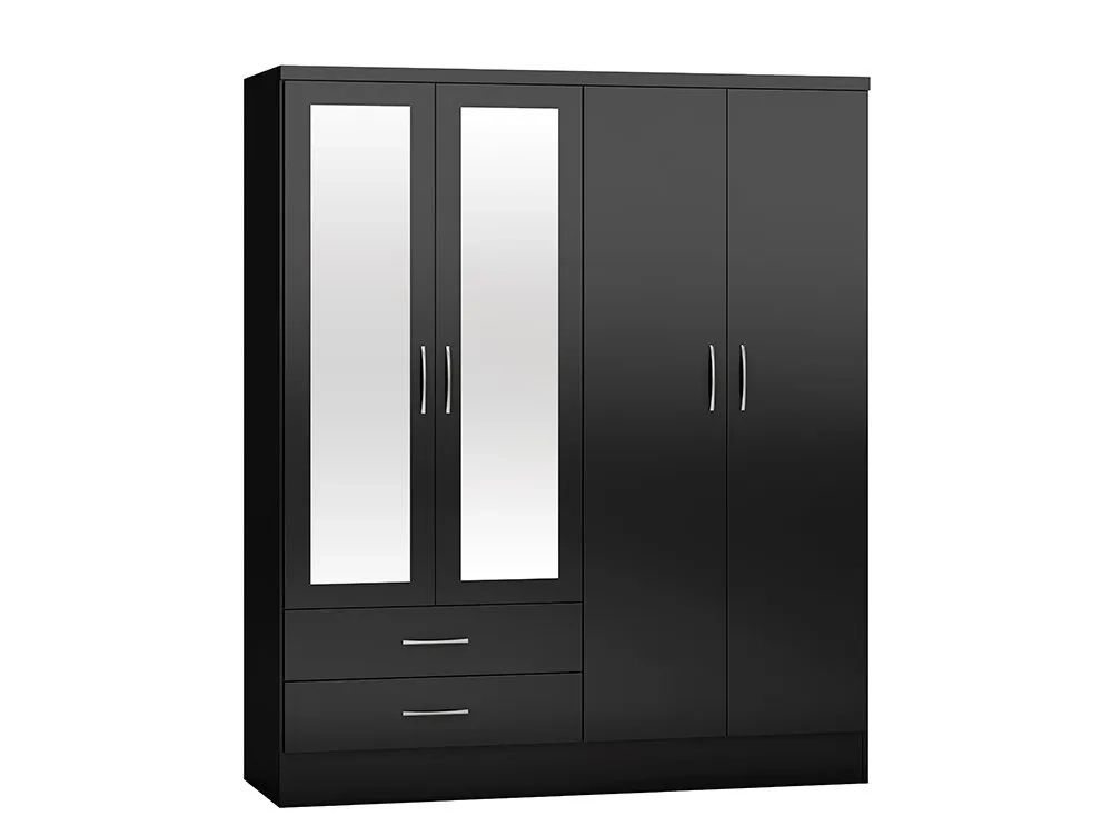 Seconique Nevada Black High Gloss 4 Door 2 Drawer Mirrored Wardrobe Within Cheap Black Gloss Wardrobes (View 13 of 15)