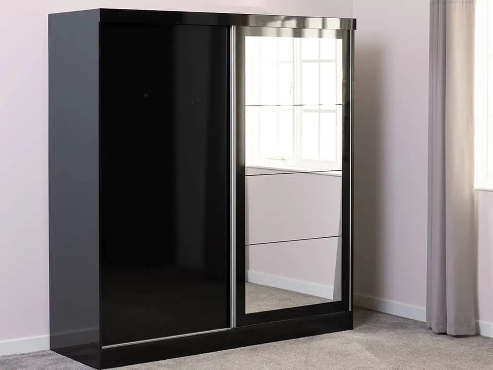 Seconique Nevada Black High Gloss Sliding Mirrored Wardrobe With High Gloss Black Wardrobes (Photo 9 of 15)