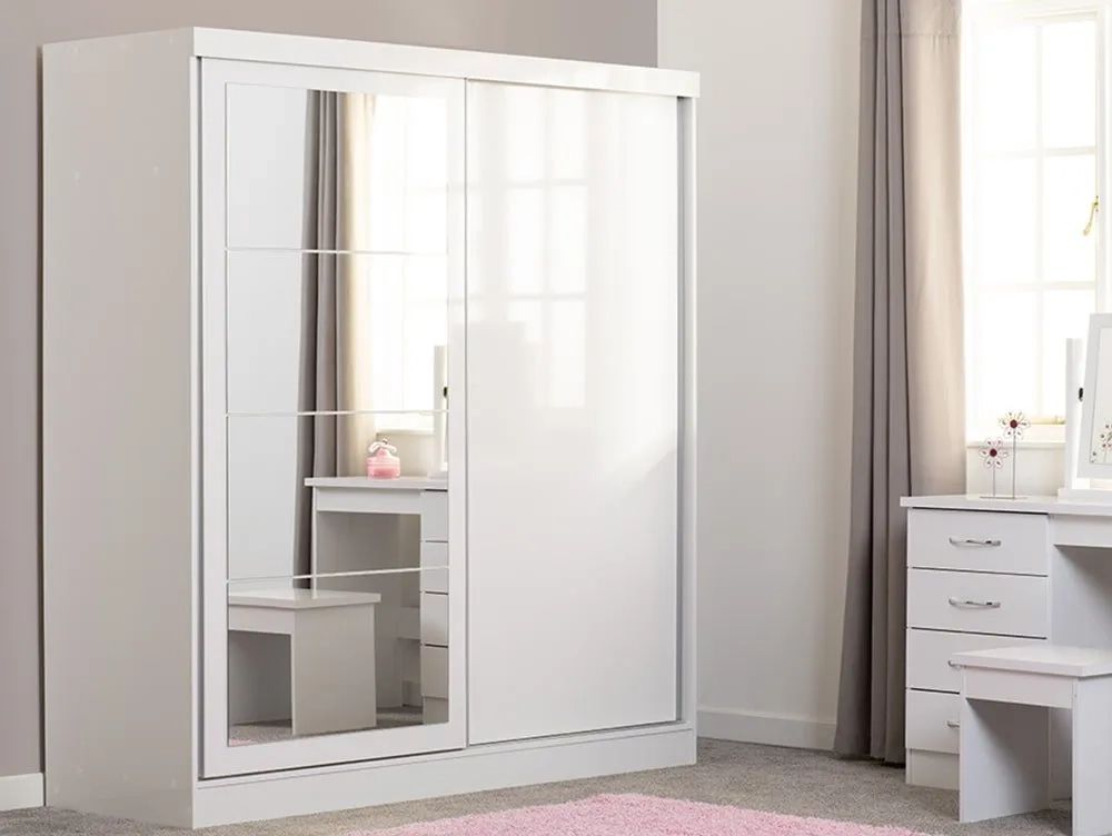 Seconique Nevada White High Gloss Sliding Mirrored Wardrobe Throughout White Gloss Mirrored Wardrobes (View 4 of 15)