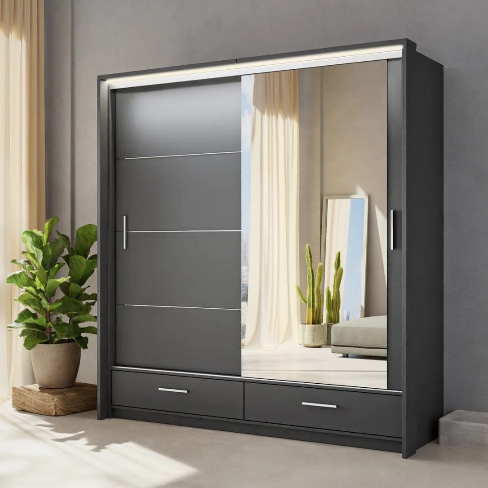 Sliding Wardrobe Lenox 208cm Graphite Grey Matt & Mirror For Wardrobes With Mirror And Drawers (View 15 of 15)