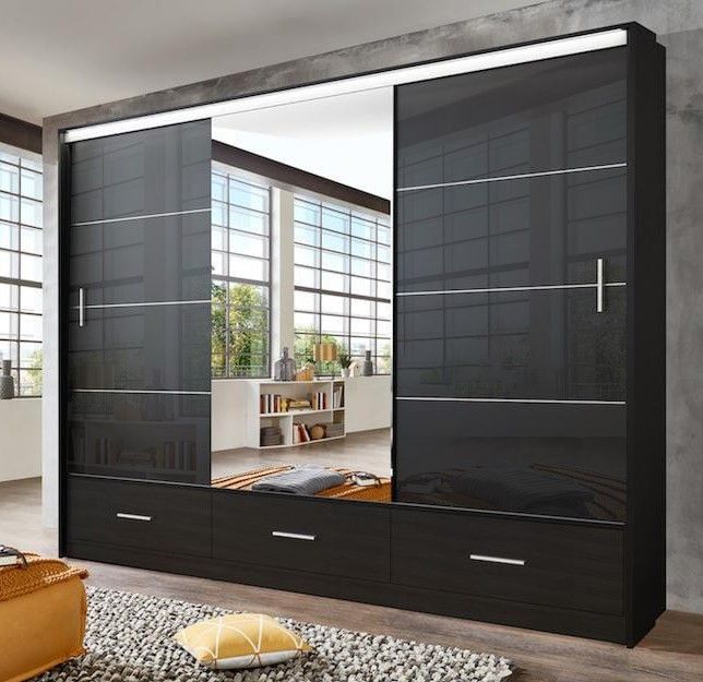 Sliding Wardrobe Lenox 255cm Black Gloss & Mirror For Dark Wood Wardrobes With Mirror (View 3 of 15)