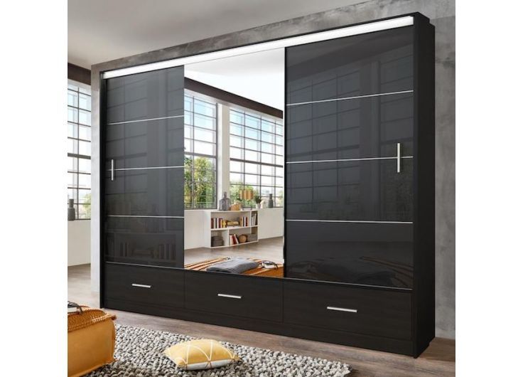 Sliding Wardrobe Lenox 255cm Black Gloss & Mirror Intended For Dark Wood Wardrobes With Mirror (View 5 of 15)