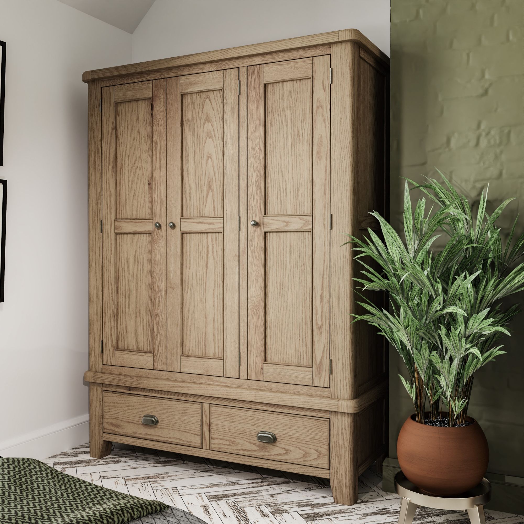 Smoked Oak 3 Door Wardrobe With 2 Drawers – Furniture World With Regard To Oak Wardrobes With Drawers And Shelves (View 10 of 15)
