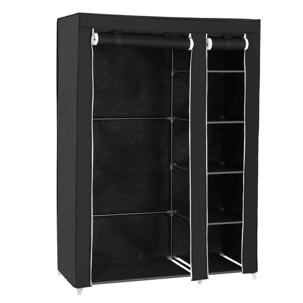 Songmics Double Canvas Wardrobe Cupboard Clothes Hanging Rail Storage  Shelves Black 175 X 110 X 45 Cm Lsf007 On Onbuy Intended For Double Rail Canvas Wardrobes (View 15 of 15)