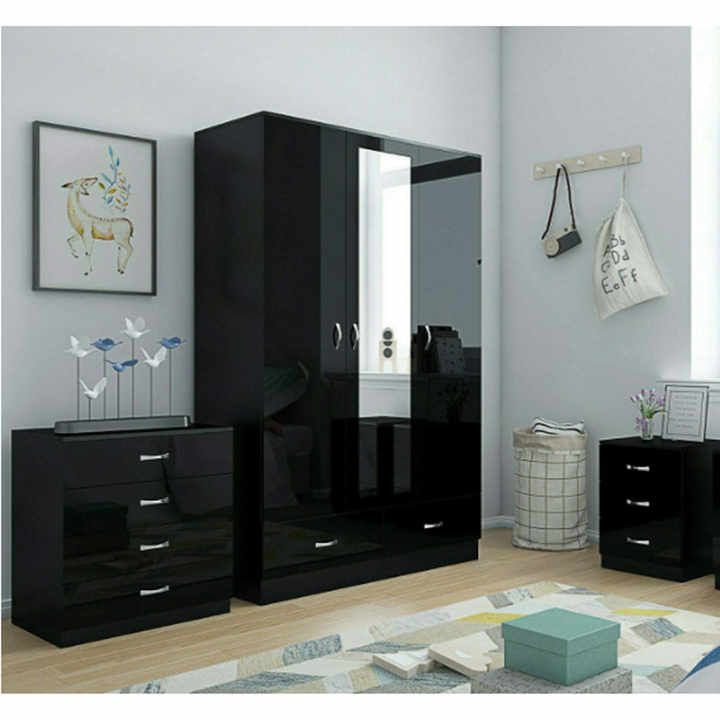Source Black High Gloss Bedroom Furniture  3 Door Mirrored Soft Close  Wardrobe, Chest & Bedside On M (View 13 of 15)