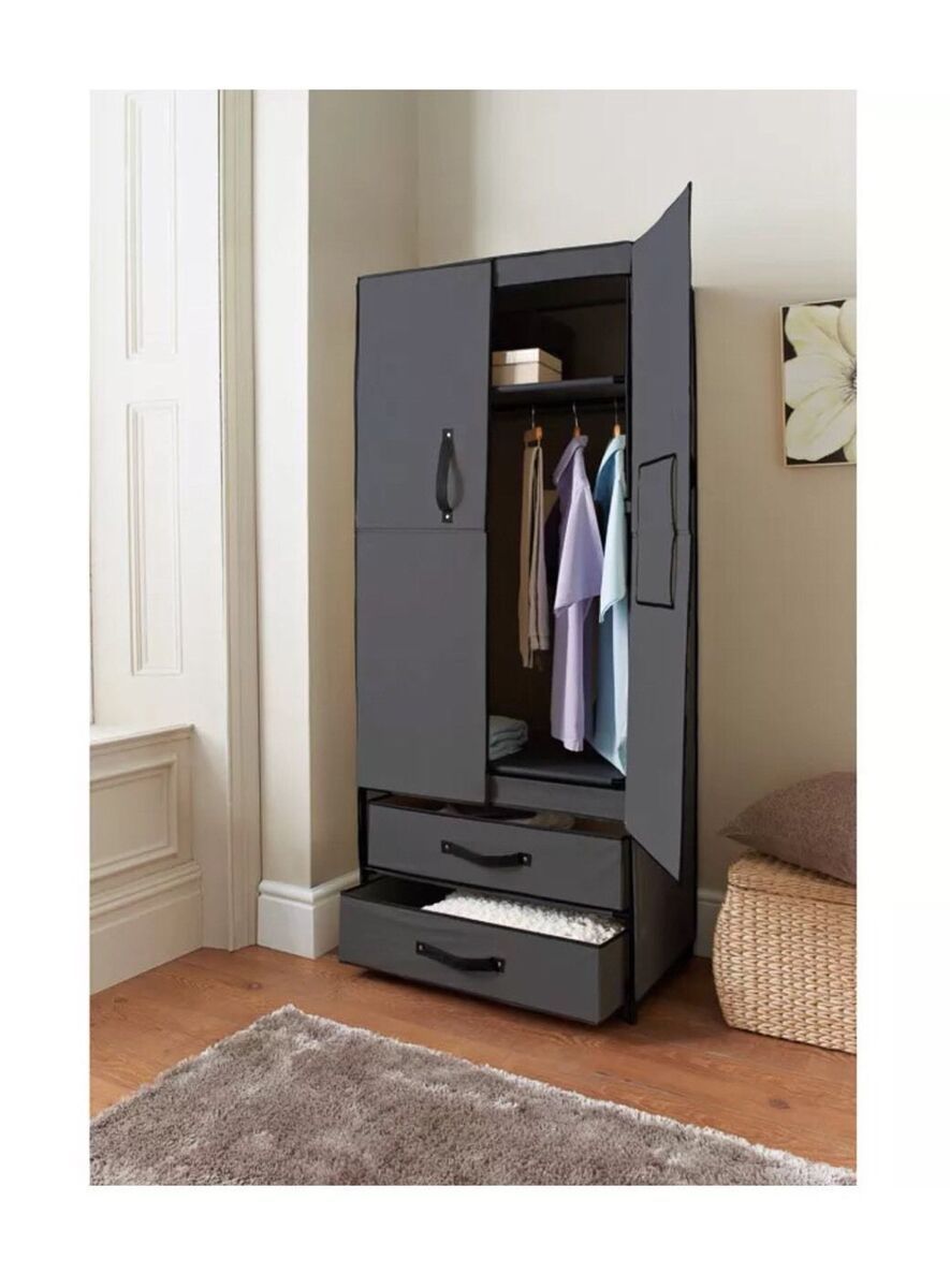 Space Saving Deluxe Double Canvas Wardrobe Black Easy Self Assembly  84876157 | Ebay Pertaining To Double Canvas Wardrobes (Photo 4 of 15)