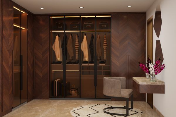 Spacious Wardrobe Design With Glass Shutters | Livspace Pertaining To Brown Wardrobes (Photo 1 of 15)