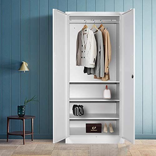 Steel Wardrobe With Clothes Rail，double Doors And 3 Adjustable  Shelves，lockable Metal Cabinet Bedroom Wardrobe Chest, Bedroom Metal  Storage Cabinet, Large Stora… | Steel Wardrobe, Metal Storage Cabinets,  Adjustable Shelving Intended For Large Double Rail Wardrobes (View 13 of 15)