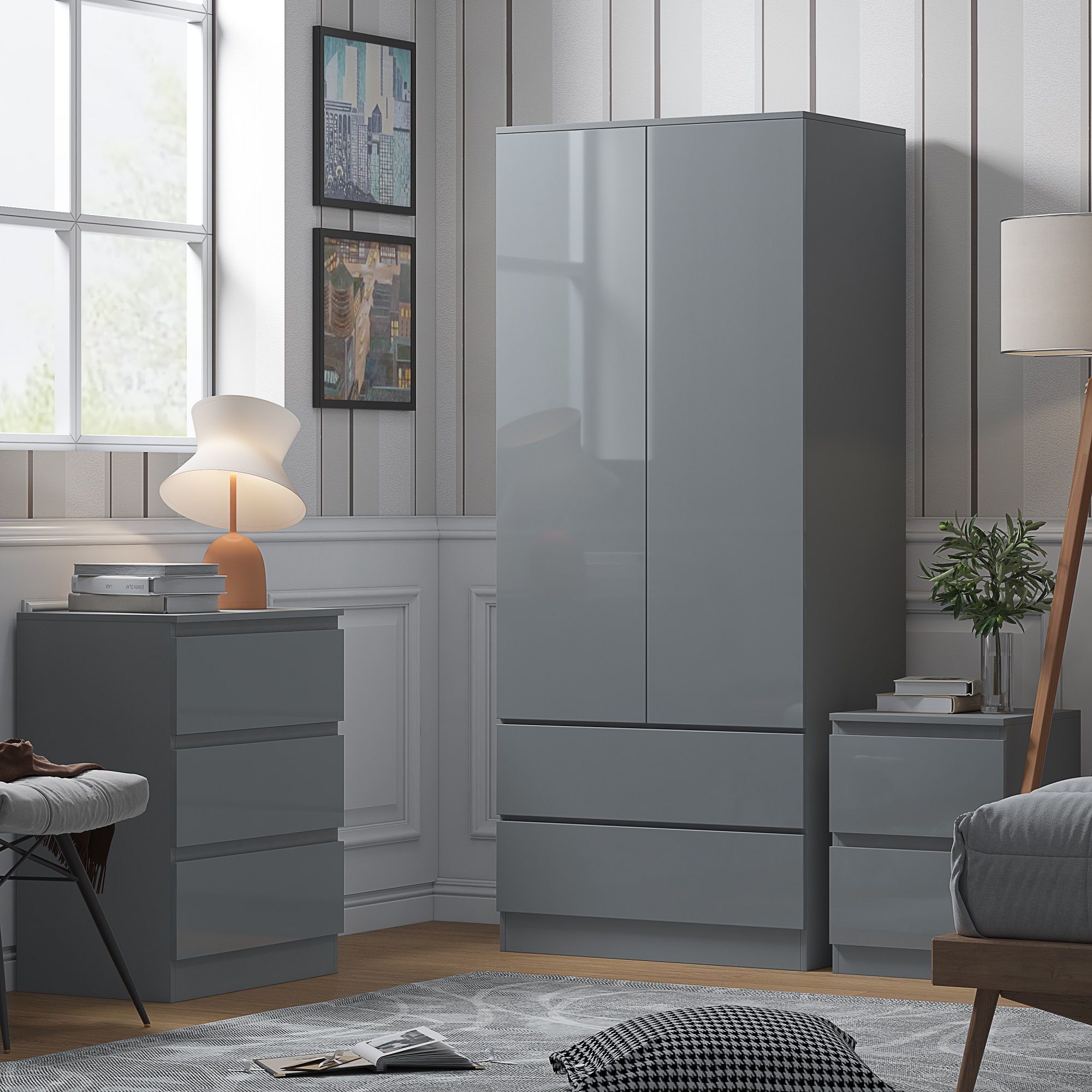 Stora Modern 2 Door 2 Drawer Combination Wardrobe – Grey Gloss Drawer &  Door Fronts – Furnished With Style With Chest Of Drawers Wardrobes Combination (Photo 15 of 15)