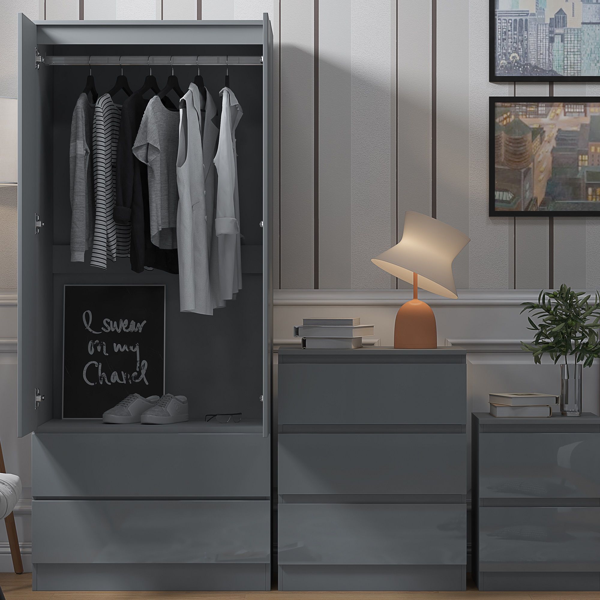 Stora Modern 2 Door 2 Drawer Combination Wardrobe – Grey Gloss Drawer &  Door Fronts – Furnished With Style With Regard To Wardrobes And Drawers Combo (Photo 4 of 15)