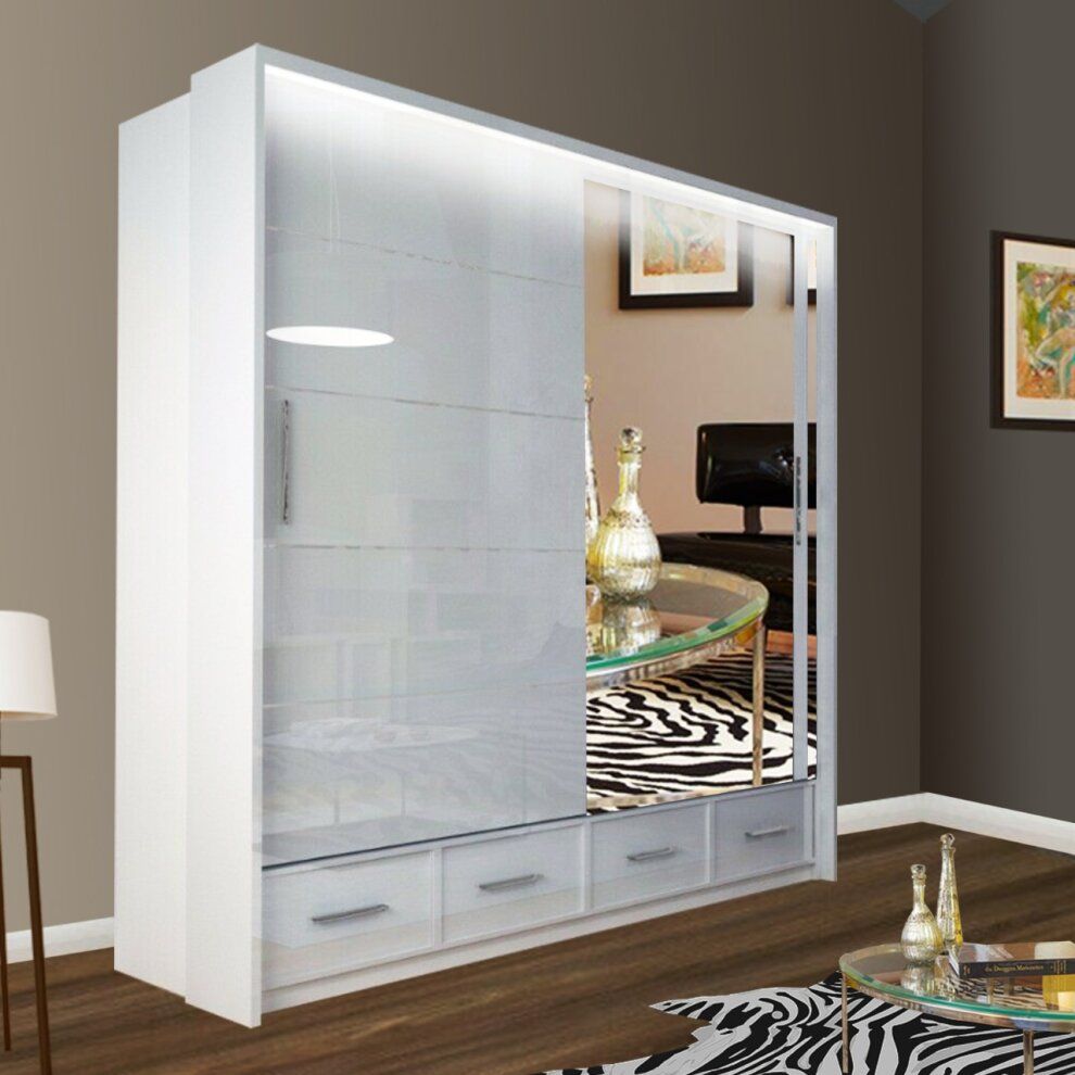 Sycylia White High Gloss Sliding Wardrobe 208cm – Cash And Carry Beds With Regard To White Gloss Sliding Wardrobes (View 13 of 15)