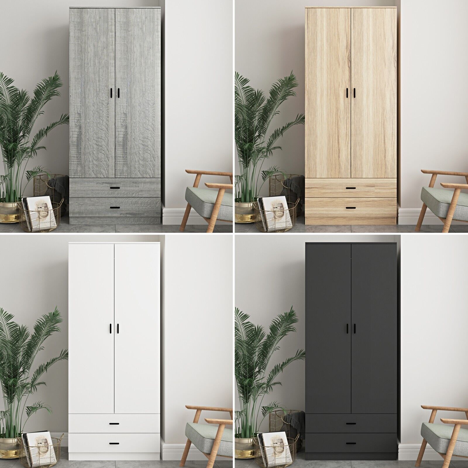 Tall Wooden 2 Door Wardrobe With 2 Drawers Bedroom Storage Hanging Bar  Clothes | Ebay With Regard To Tall Wardrobes (View 14 of 15)