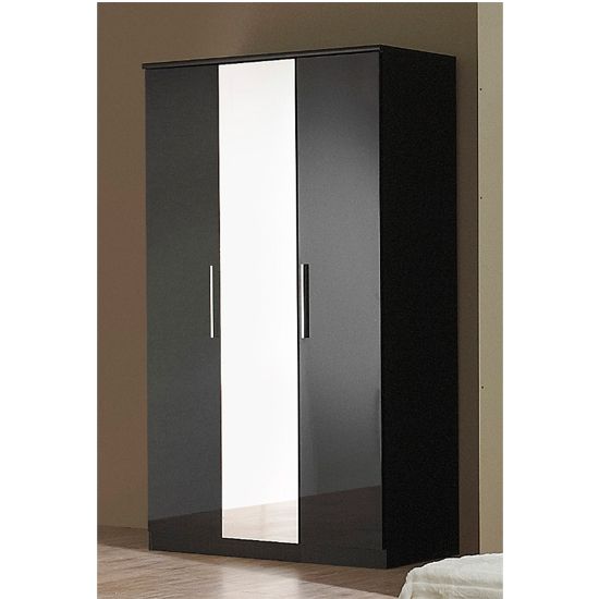 Topline Wooden Wardrobe In Black High Gloss With 3 Doors And Mirror In 3 Door Black Gloss Wardrobes (Photo 7 of 15)