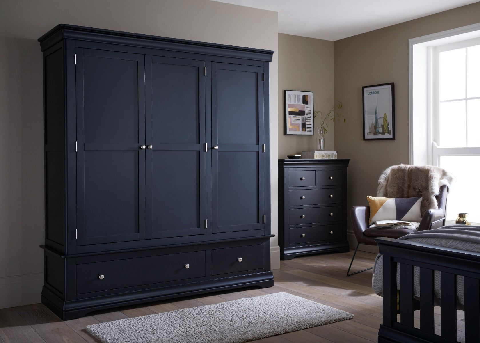 Toulouse Black Painted Large Triple Wardrobe With Drawer Intended For Cheap Solid Wood Wardrobes (View 7 of 11)