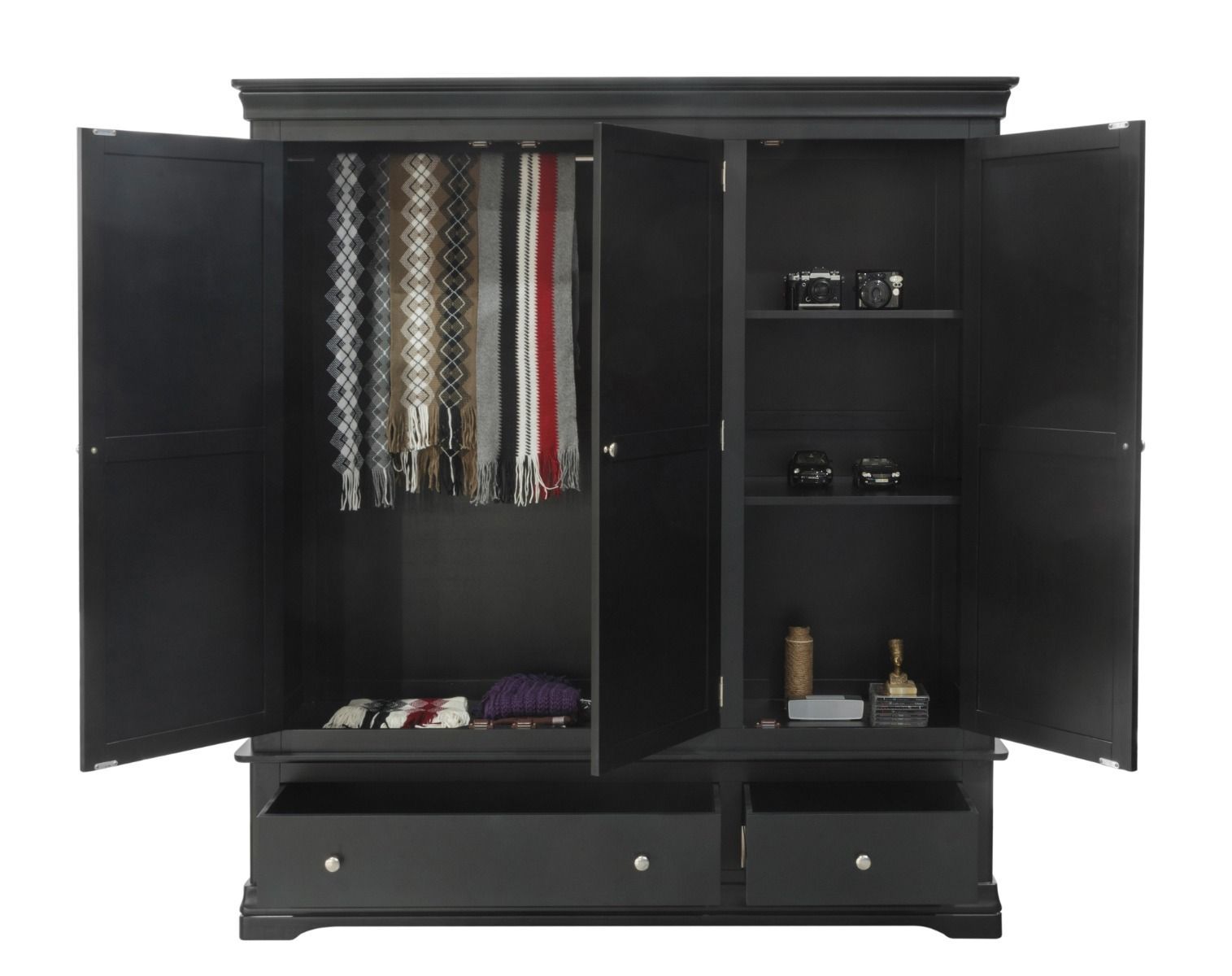 Toulouse Black Painted Large Triple Wardrobe With Drawer With Large Black Wardrobes (Photo 6 of 15)