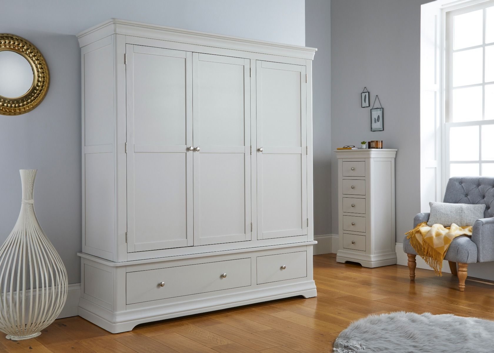Toulouse Grey Painted Triple Wardrobe With Drawer – Free Delivery | Top  Furniture Inside Painted Triple Wardrobes (Photo 2 of 15)