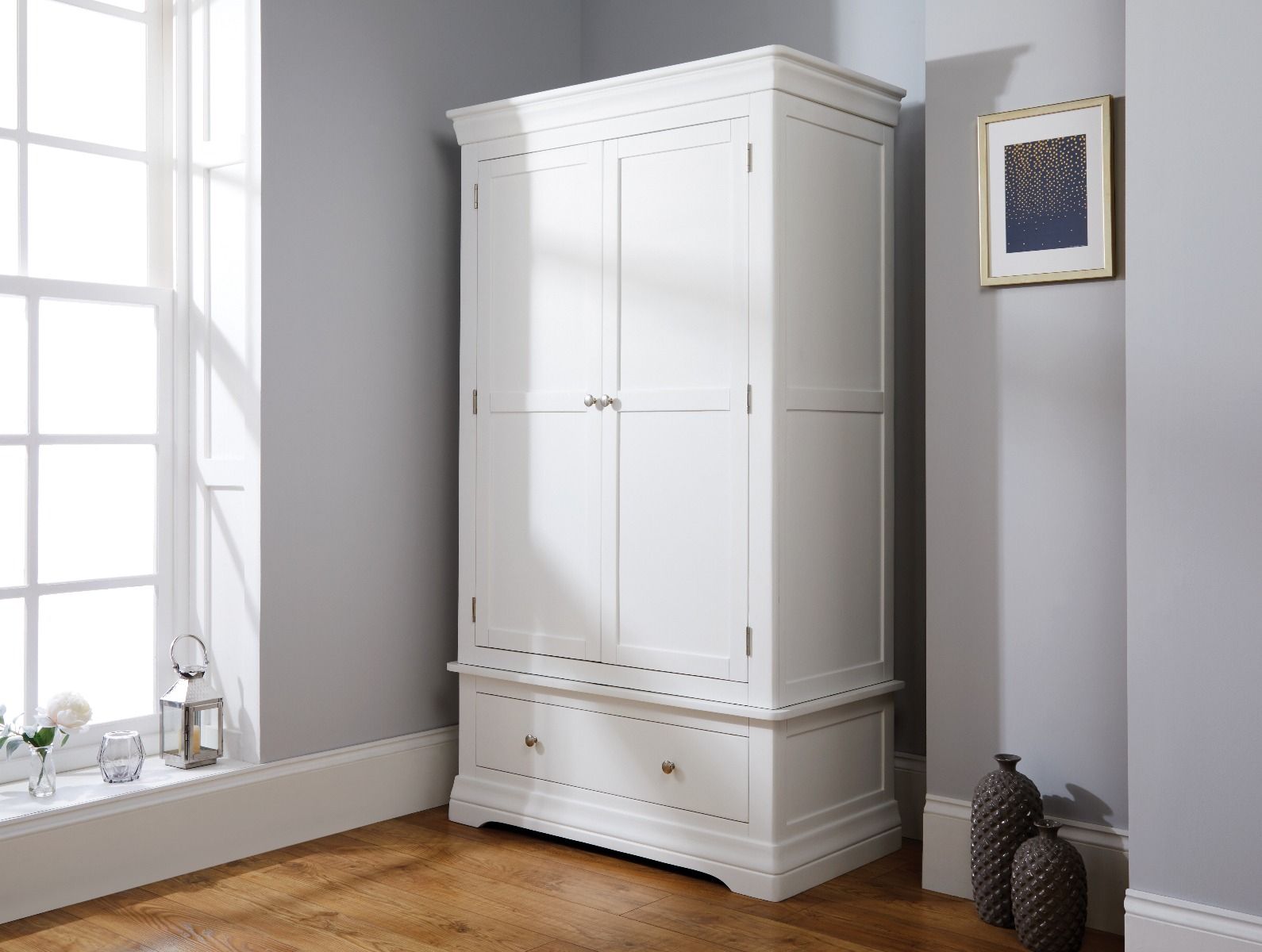 Toulouse White Painted Double Wardrobe With Drawer – Free Delivery | Top  Furniture In White Wooden Wardrobes (Photo 11 of 15)
