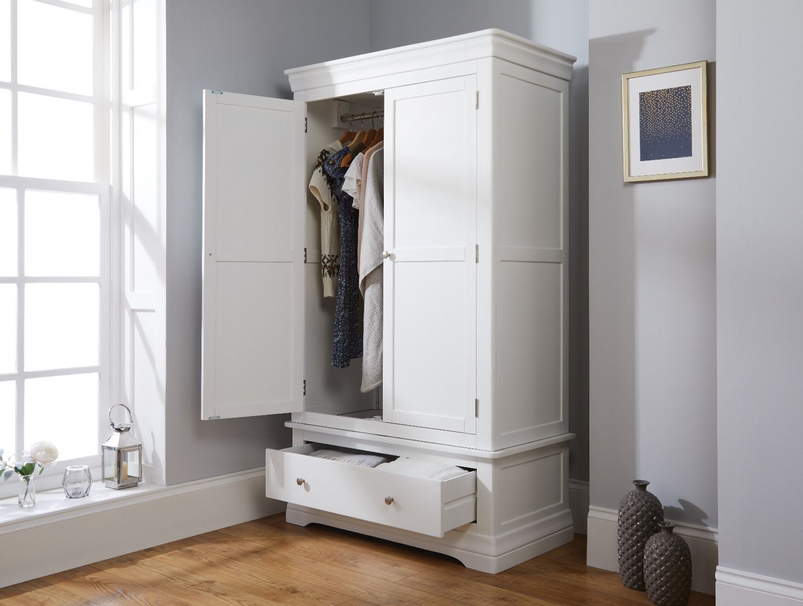 Toulouse White Painted Double Wardrobe With Drawer – Free Delivery | Top  Furniture Intended For White Double Wardrobes (Photo 1 of 15)